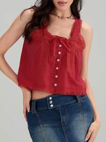 Women Lace Trim Vest Tank Tops Y2K Fairy Sleeveless Tie Button Front Sheer Mesh Crop Tops Summer Going Out Tops Cute Loose Fit Cami Shirt  Aesthetic Clothes - 紅色 - 查看 3