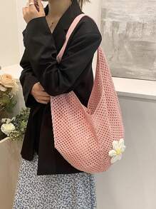 Hollow Woven Straw Bag, Bohemian Style Beach Tote Bag, Hollow Woven Tote Bag, Large Capacity Shopping Beach Bag, Fashion Hollow Woven Straw Bag, Beach Tote Bag, Bohemian Style Beach Bag, Casual Hollow Woven Tote Bag, Vacation - Pink - View 7