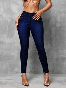 IDYLLIC Jeans para Mujer Pantalones de Mezclilla Cargo, Pantalones de mezclilla de cintura alta y ajustados para mujer Perfecto para un Look Casual Urbano - Azul Marino - Ver 5