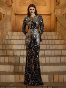 Black Long Elegant Luxury Sequin Dress, Modest