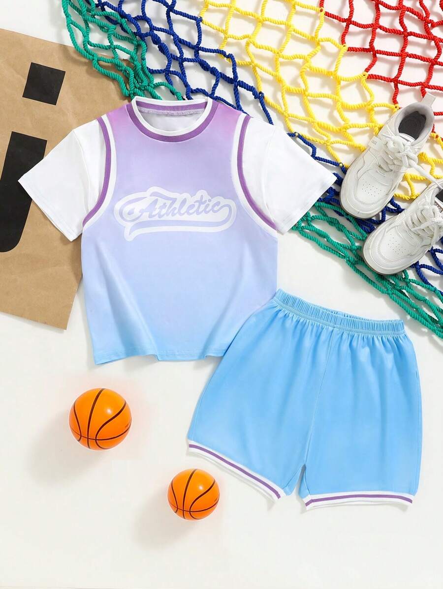 2pcs New Summer Outdoor Basketball Jersey, Running Suit, Baseball Uniform, Casual Sports Set - Purple Ombre Design With Blue Shorts, Letter Print, Comfortable Soft Loose Stylish Unisex - Purple - View 1