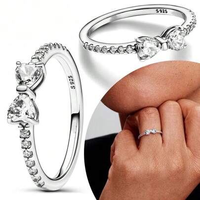 1 pezzo Nuovo anello in argento 925, anello con fiocco in zirconia cubica bianca e design minimalista alla moda, adatto come regalo di San Valentino o per uso quotidiano