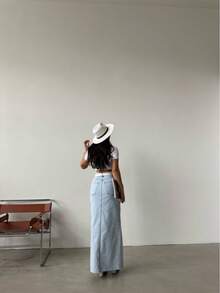 SQUALO Women's Light Blue Slit Denim Midi Skirt - 100% Cotton - Blue - View 4