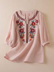 女式休闲亚麻花卉刺绣衬衫，七分袖，夏季 - 粉色 - 查看 1