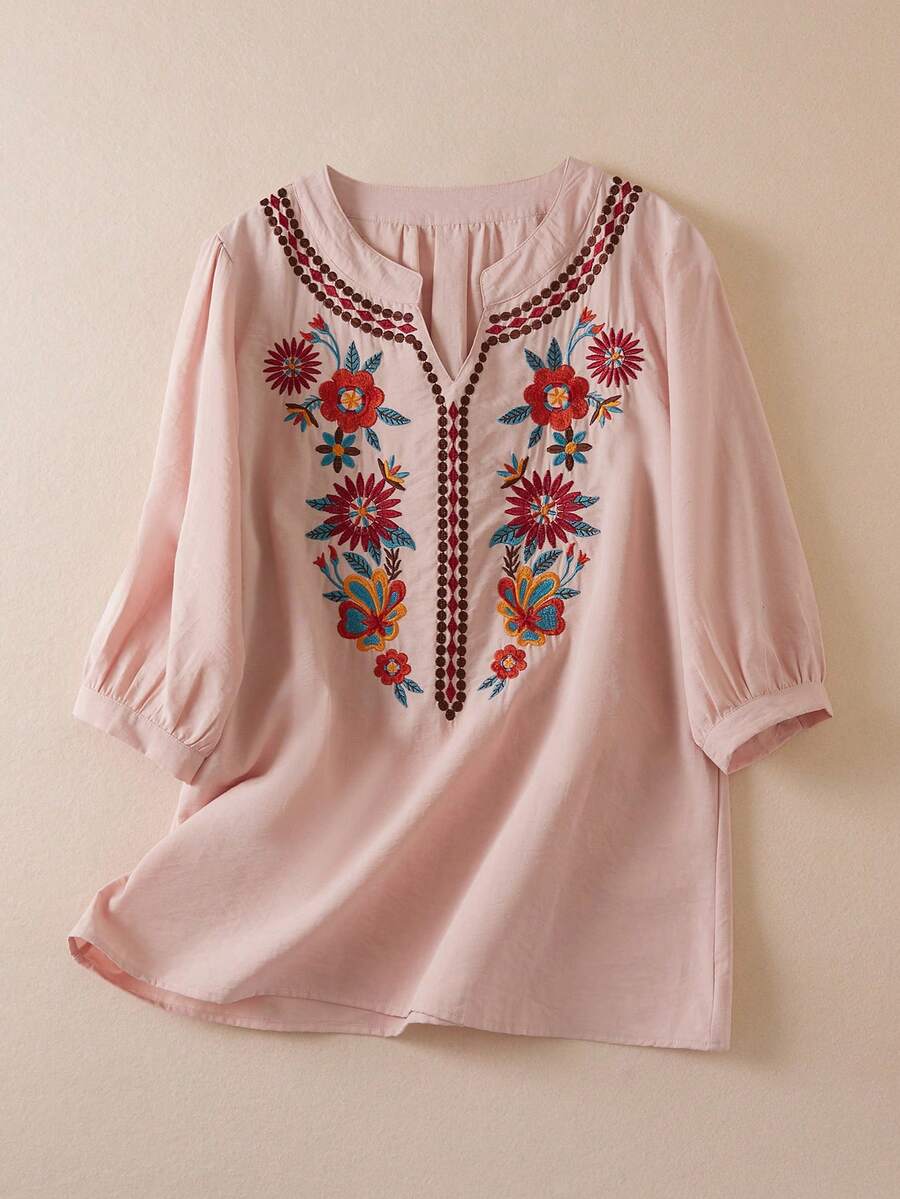女式休闲亚麻花卉刺绣衬衫，七分袖，夏季 - 粉色 - 查看 1
