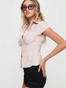 Women's Plaid Button Down Shirts Short Cap Sleeve Turn Down Collar Slim Fit Casual Summer Blouse Crop Tops - 粉色 - 查看 3