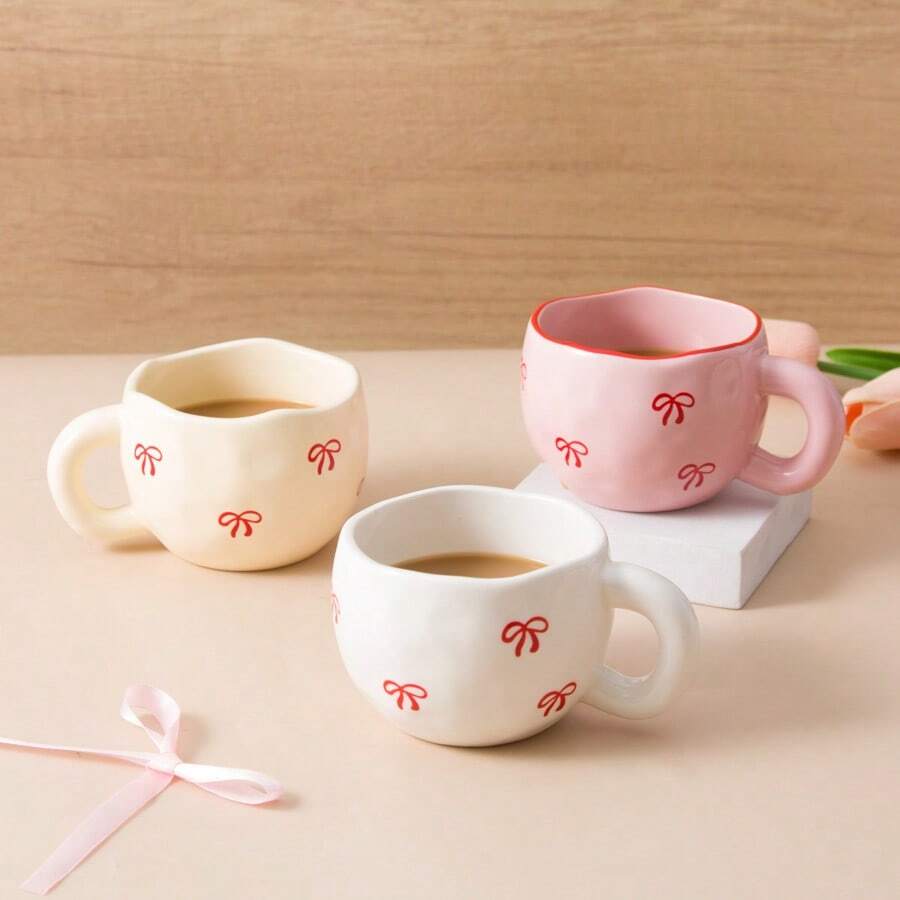 1pc Creative Bow Knot Design Ceramic Mug, High-Grade Couple/Office Use Cute Coffee Cup - Multicolor - View 1