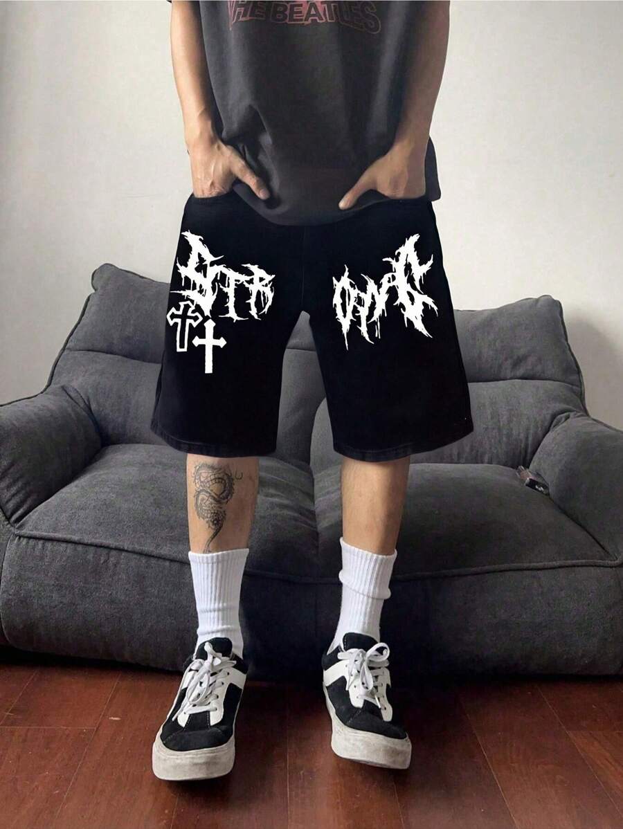 男士印花前扣口袋简约休闲牛仔短裤