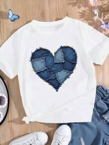 Heart With Denim Patchwork Pure Cotton Women's Fashion T-Shirt