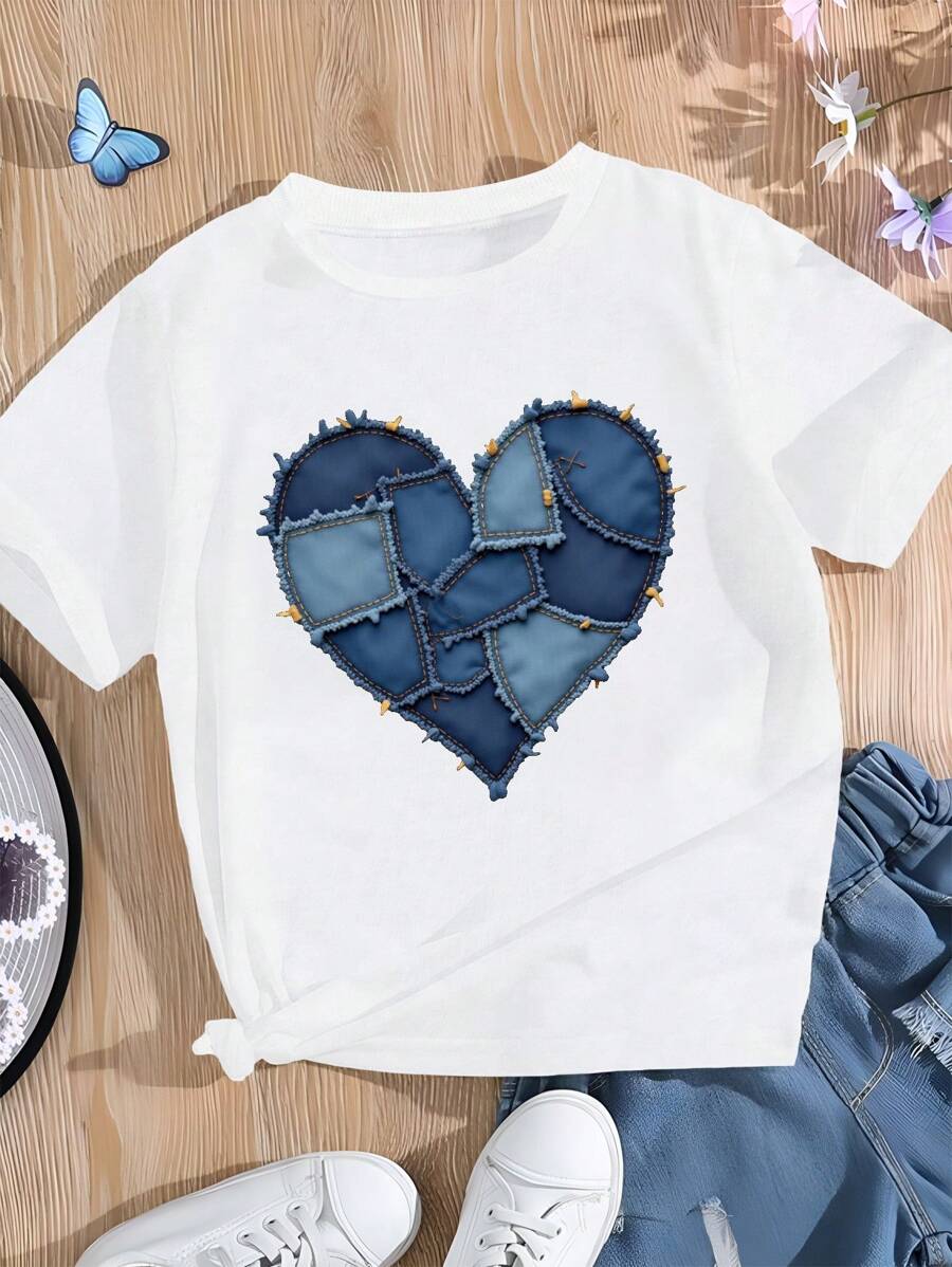 Heart With Denim Patchwork Pure Cotton Women's Fashion T-Shirt