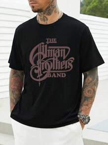Men's Creative Band Name Print Casual T-Shirt, 1 PC 220gsm Round Neck Casual Heavy Pure Cotton T-Shirt