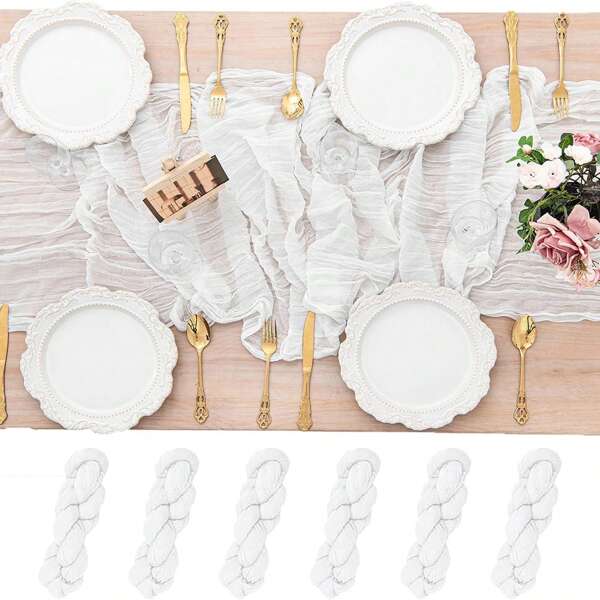 6pcs White Cheese Cloth Table Runner, Boho Country Sheer Romantic Table Decor, Suitable For Wedding Party, Birthday, Bridal Shower, Engagement, Home Decor