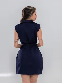 Faraya Jeans Navy Blue Tailored Shirt Dress With Tank Top And Buttons And Belt - 藏蓝色 - 查看 3
