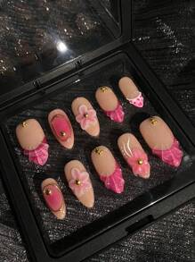 10 件裸色杏仁形手工按压指甲，简约温柔风格，3D 捏花，金钢珠和珍珠，镀金铬，可拆卸和重复使用，适合女孩和女士日常、节日、派对指甲装饰，带果冻胶和指甲锉指甲用品