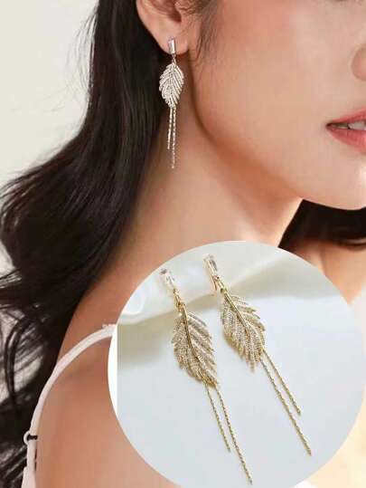 1pair Fashionable Leaf Tassel Clip On Earrings For Women, No Piercing Needed, Anti-Pain & Anti-Fall Design Suitable For Daily Wear