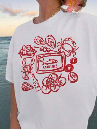 Ladies Casual Seafood, Crawfish, Tomato, Sardine, Oyster, Crab Graphic Print T-Shirt, Oversized T-Shirt, Comfortable Color, Fashionable And Versatile