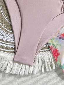 3pcs Sexy Shiny Fabric Printed Halter Neck Tie Swimsuit Top With Asymmetrical Shaped Golden Hoop Decor & Bottoms Swimsuit Set - Dusty Pink - View 4