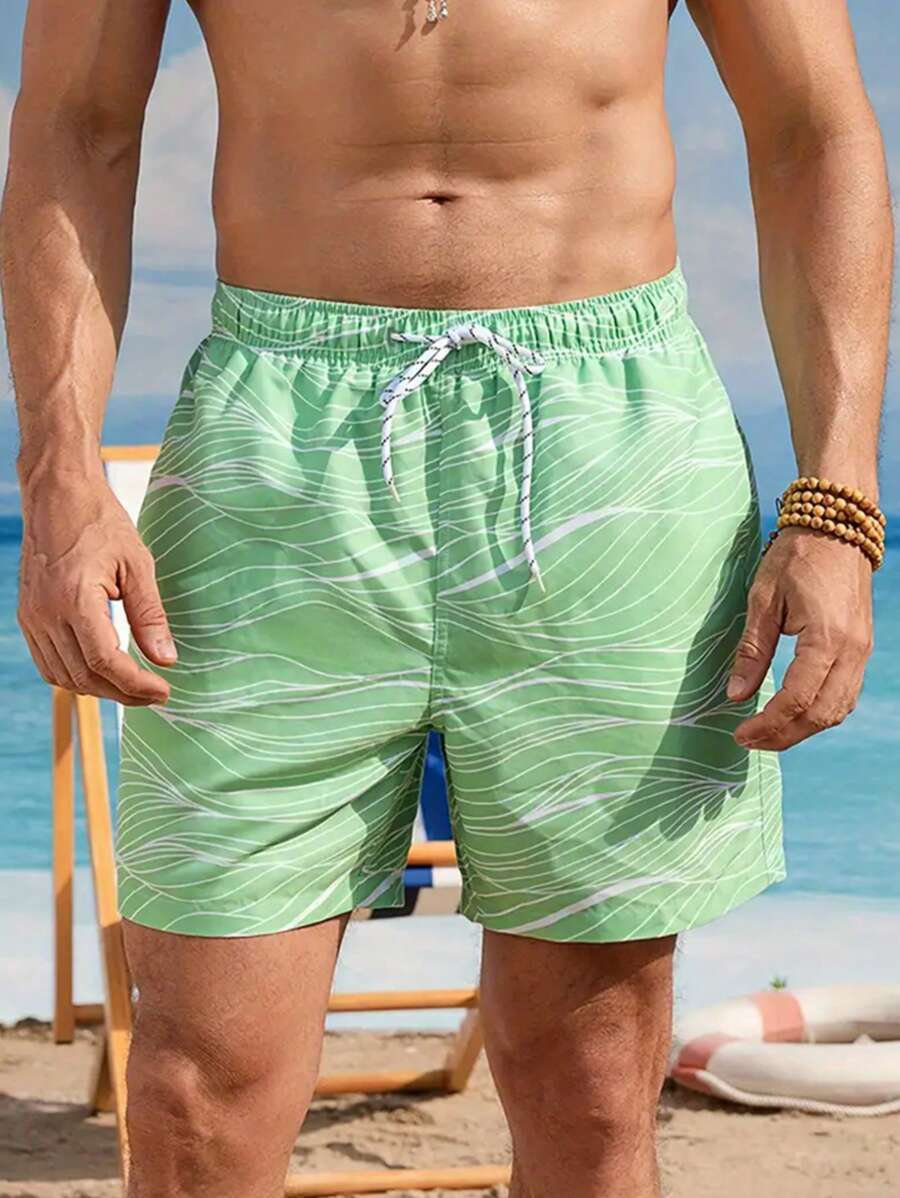 Men's Casual Drawstring Waist All-Over Print Beach Shorts - Green - View 1