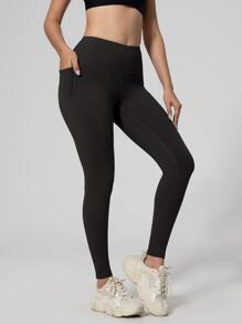 Women Outdoor Sports Base Layer Pants, High Waist Tummy Control Fitness Leggings With Side Pockets, Spring/Summer - Black - View 5