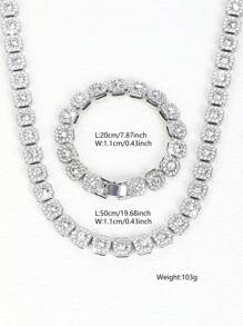 2pcs/Set HIP HOP Men's Chain Shape Inlaid Rhinestone Bracelet Necklace Miami Daily Necklace Party Accessories Perfect Jewelry