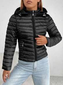 Woven Fabric Women's Winter Quilted Jacket With Drawstring Hood And Zipper Pockets Casual Style - Black - View 3