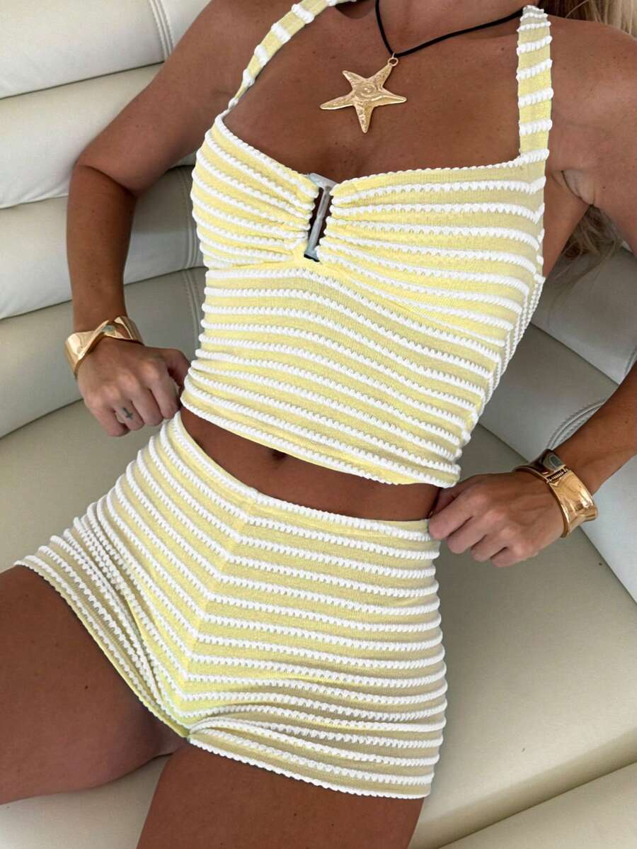 2Pcs Set Knit Striped Contrast Color Resin Decor Halter Top And Shorts Beach Outfit - Yellow - View 1