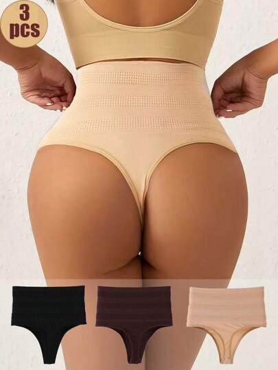 3-Pack High Waist Tummy Control Seamless Fitness Body Shaping Thong Panties With Butt Lift