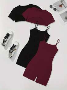 2 peças/Conjunto Shorts Casuais, Camiseta Curta de Gola Redonda e Calça Cargo Minimalista, Conjunto de Malha Verão Feminino 180G, Conjunto Casual