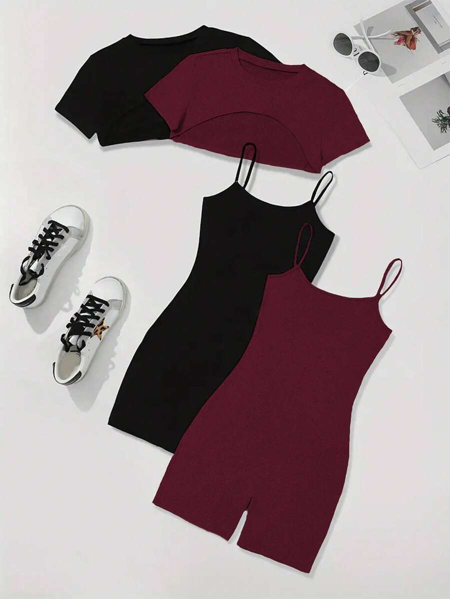 2 peças/Conjunto Shorts Casuais, Camiseta Curta de Gola Redonda e Calça Cargo Minimalista, Conjunto de Malha Verão Feminino 180G, Conjunto Casual