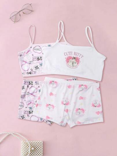 4 件套 Tween 女童猫咪印花彩色内衣套装，随机剪裁，包括吊带背心 + 内裤，适合春夏季