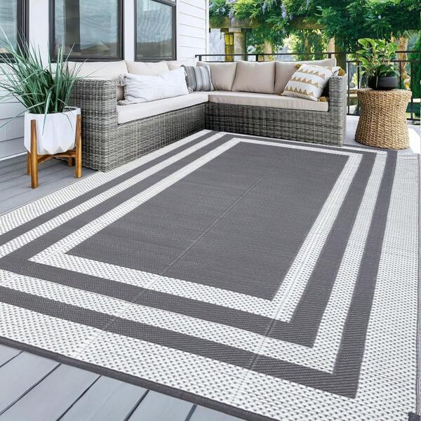 Foldable Plastic Outdoor Picnic Mat, Reversible Patio/Balcony/RV/Camping/Beach Mat Carpet, Grey-White