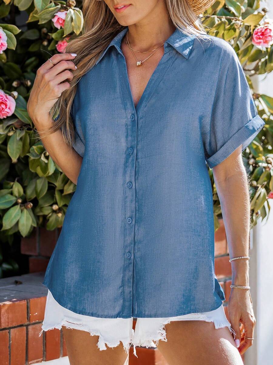 Spring And Summer New Fashion Casual Solid Color V-Neck Single-Breasted Short-Sleeved Ladies Shirt - Blue - View 1