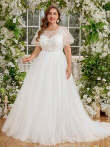 Elasola 大码女式圆领蕾丝短袖连衣裙，奢华刺绣拼接，喇叭裙摆，优雅白色婚礼派对礼服 - 白色 - 查看 4