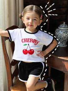 2pcs Young Girl Casual Cherry Print Top And Minimalist Versatile Shorts Set