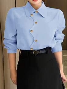 Chemise décontractée asymétrique avec boutons à manches longues et couleur unie pour femmes grande taille