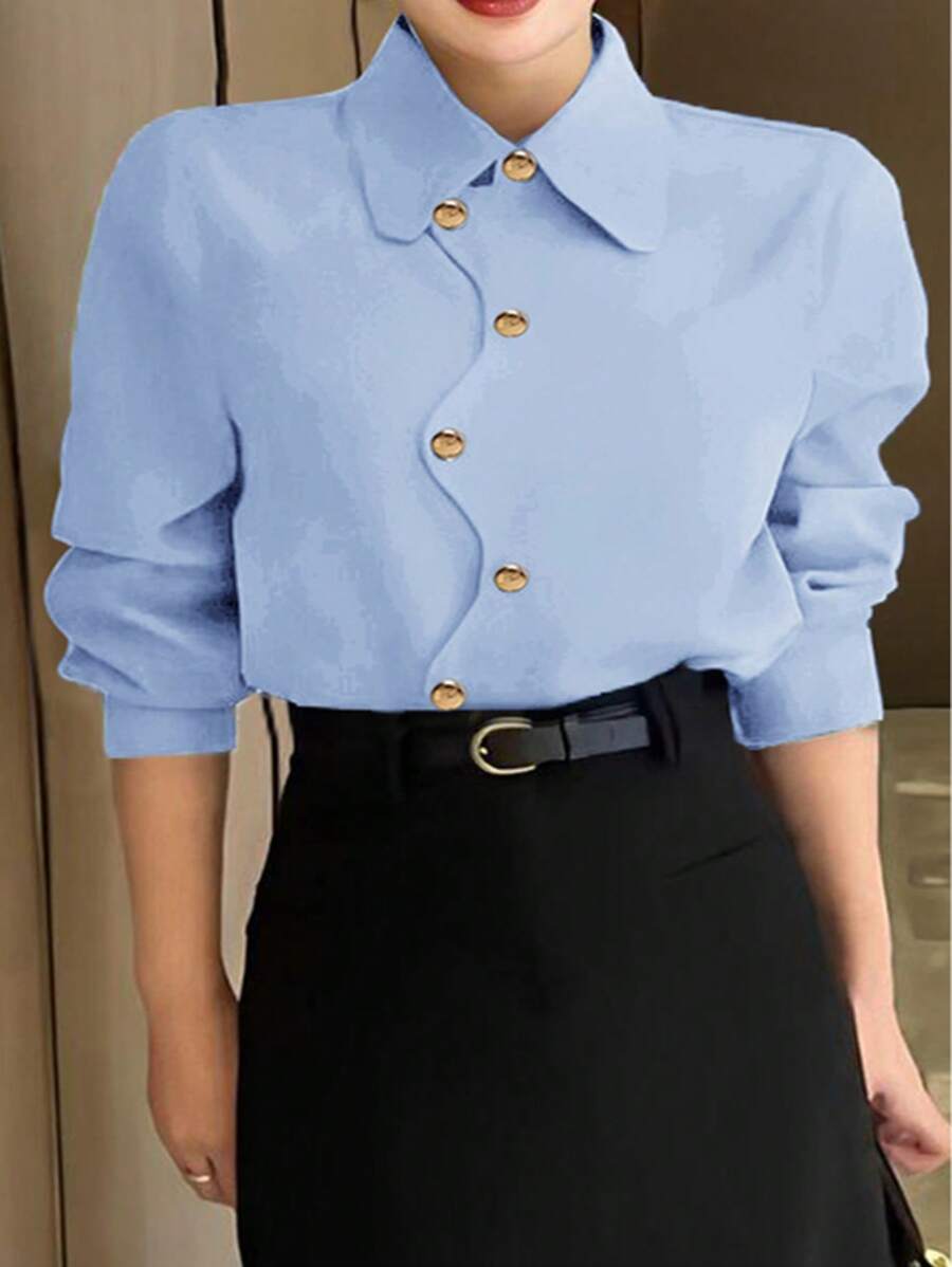 Chemise décontractée asymétrique avec boutons à manches longues et couleur unie pour femmes grande taille