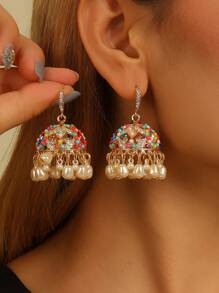 1 对时尚 Jhumka 耳环，优雅多色水晶和人造珍珠流苏吊坠耳环，宝莱坞风格珠宝礼物适合女性日常、节日、婚礼和派对佩戴 - 多色 - 查看 2