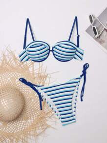 2 Stücke gestreifter Stoff sexy Schnürung Bikini Set, Damenbadeanzug für Strand und Pool