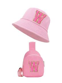 2 件字母儿童渔夫帽，时尚简约遮阳帽，配有单肩斜挎包，适合男孩和女孩日常外出。 - 粉紅色 - 查看 10
