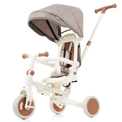 MERAX 7 In 1 Baby Tricycle, Foldable Toddler Tricycle With Removable And Adjustable Parent Handle, Toddler Push Bike With Removable Pedal, Canopy, And Guardrail, Tricycle For 12-72 Months, Ivory And Brown