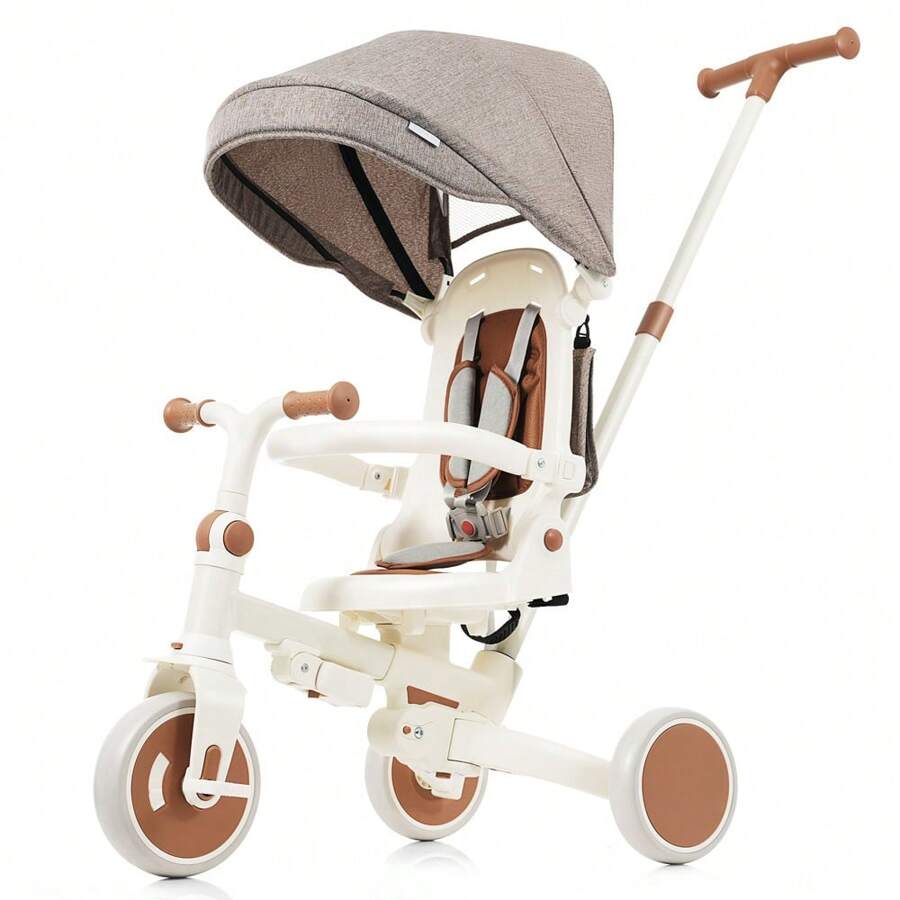 MERAX 7 In 1 Baby Tricycle, Foldable Toddler Tricycle With Removable And Adjustable Parent Handle, Toddler Push Bike With Removable Pedal, Canopy, And Guardrail, Tricycle For 12-72 Months, Ivory And Brown