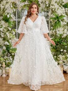 UNITHORSE Women Plus Size Wedding V-Neck Ruffle Sleeve 3D Floral Embroidered Mesh Cinched Waist Elegant Big Hem Wedding Dress Gown, Bride Dress, Birthday Outfits, Graduation Dress, Formal Dress, All White Party Outfit Women - White - View 5