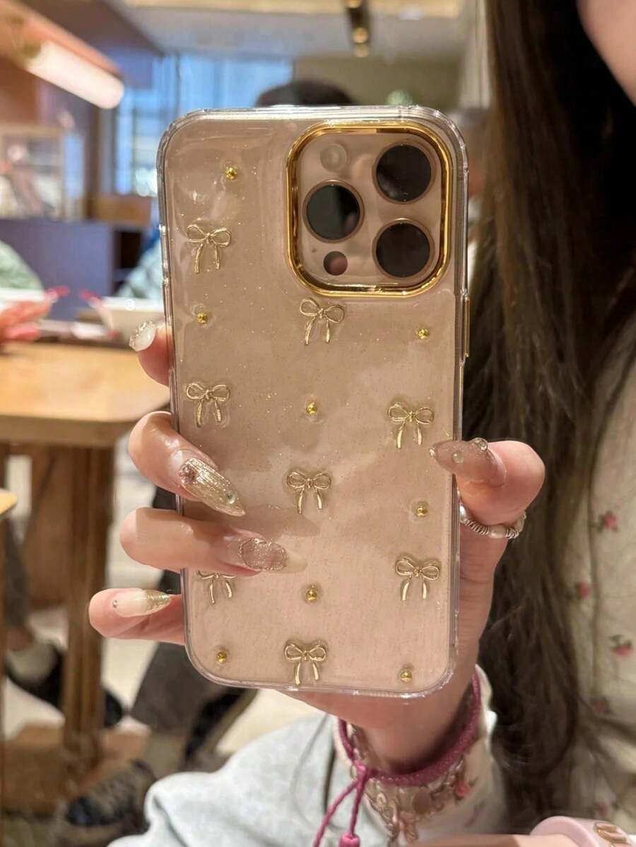 Glitter 3D Hollow Out Metal Heart Bow Phone Case Compatible With IPhone 17 Pro Max 16 15 14 13 12 Pro Max Plus 11 Women Cute Epoxy Clear Shockproof Cover - Gold - View 1