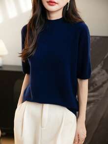 女士 100% 美利奴羊毛可爱夏季上衣优雅单线无缝毛衣女士立领短袖针织上衣春夏季女士新款羊毛 T 恤上衣 - 藏蓝色 - 查看 5