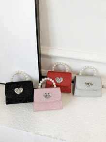 1PC Mini Square Bag, Shoulder Messenger Pearl Handbag, Metal Heart Decoration, Small Flip Design, Coin Purse, A Variety Of Colors To Choose From, Cute Style, Meet Basic Storage Needs, Chain Strap, And Versatile, Suitable For Daily Outings, Shopping Travel, Show Personalized, Gifts Children, Birthday - Pearl Mini Crossbody Bag - View 2