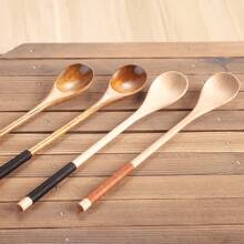 1/2pcs Japanese Wooden Solid Wood Coffee Spoon Honey Mixing Spoon Long Handle Round Mouth Round Handle Wooden Spoon