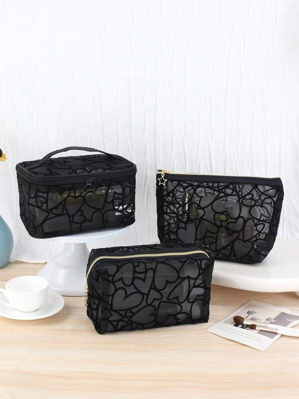 3 peças Conjunto de Bolsa Cosmética Transparente Grande Capacidade Moda Vazada em Malha, Adequado para Viagens, Uso ao Ar Livre, Casa Organizador de Viagem de Cosméticos e Artigos de Toalete, Presentes de Produtos Essenciais Claros, Armazenamento com Zíper, Acessórios de Unha