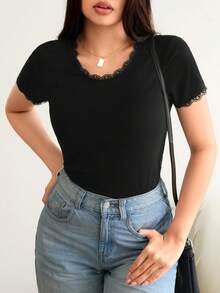 Blusa Manga Corta Cuello Redondo Color Negro Encaje en manga y escote - Negro - Ver 3