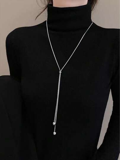 1pc Fashionable Ins Style Stainless Steel Round Bead Tassel Pull-Out Adjustable Long Necklace For Women's Sweater Chain