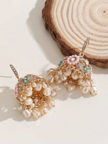 1 对时尚 Jhumka 耳环，优雅多色水晶和人造珍珠流苏吊坠耳环，宝莱坞风格珠宝礼物适合女性日常、节日、婚礼和派对佩戴 - 多色 - 查看 4